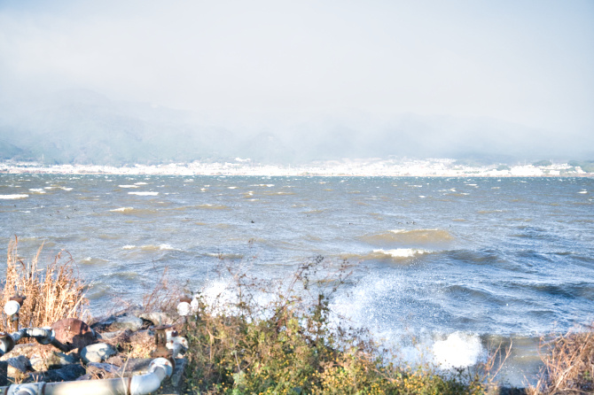 荒れる琵琶湖の朝