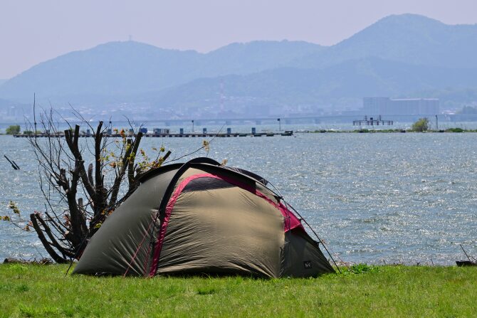 風が強い湖岸緑地